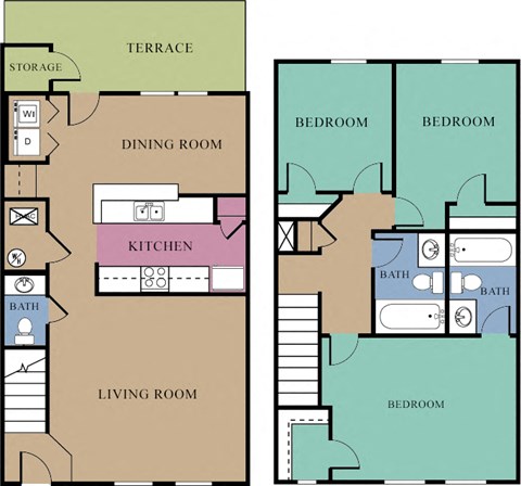 Floor plan for 3 beds, 2.5 baths, 1371 sqft